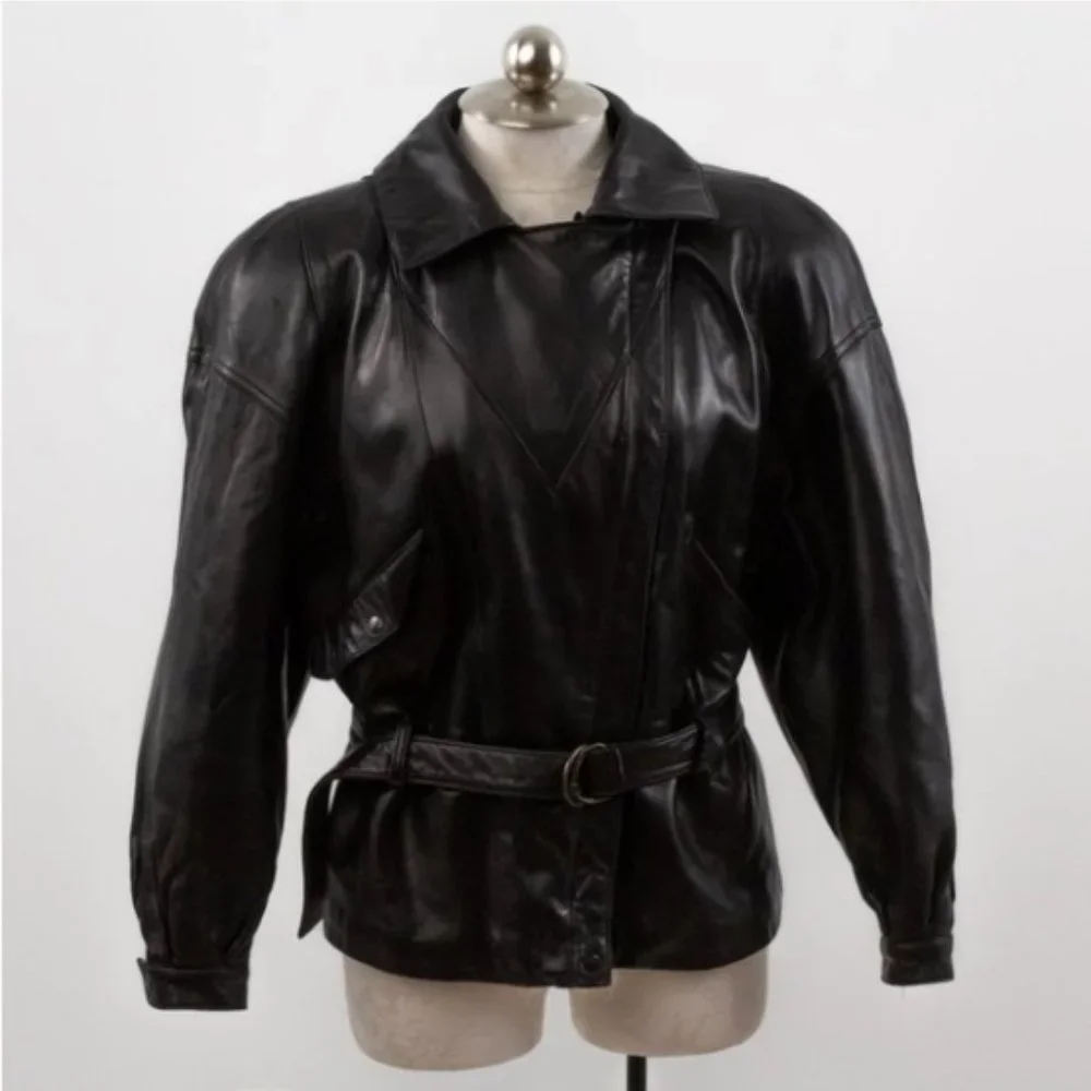 Vintage 80s Black Leather Jacket M Footballer Short Blazer Coat - Picture 14 of 14